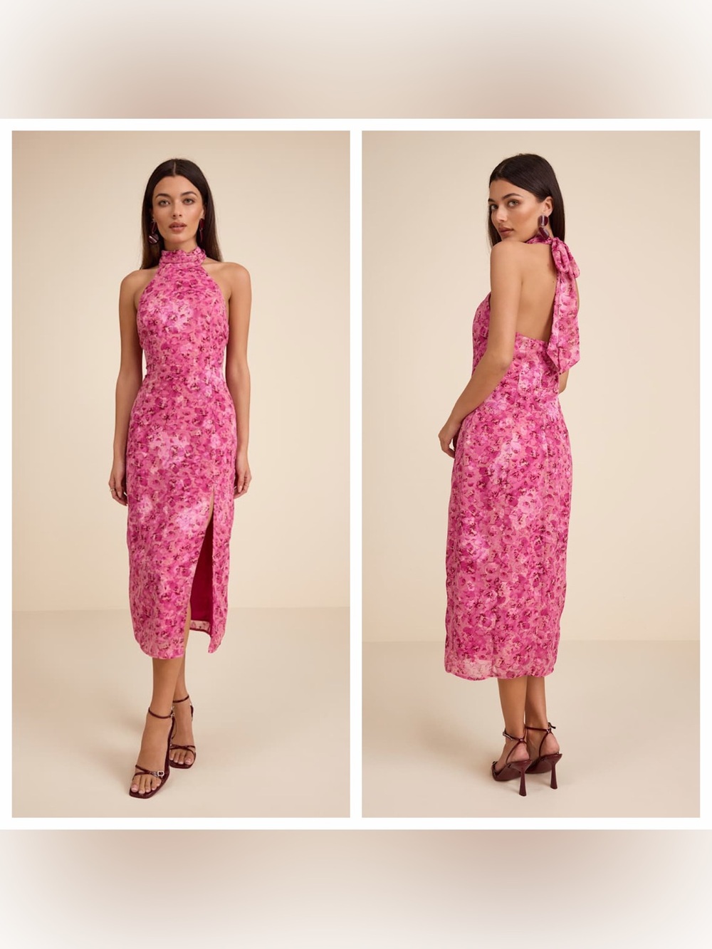 Lulus Lana Fuchsia Floral Jacquard Halter Midi Dress